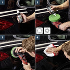 Anwendung von Sonax Profiline Perfect Finish 250ml auf schwarzem Autolack mit Poliermaschine und Mikrofasertuch für perfekte Reinigung.