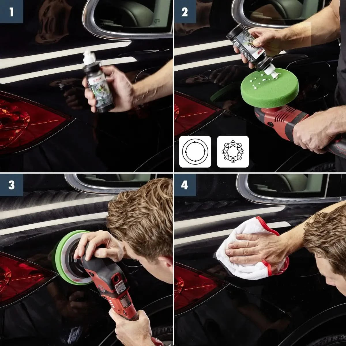 Anwendung von Sonax Profiline Perfect Finish 250ml auf schwarzem Autolack mit Poliermaschine und Mikrofasertuch für perfekte Reinigung.