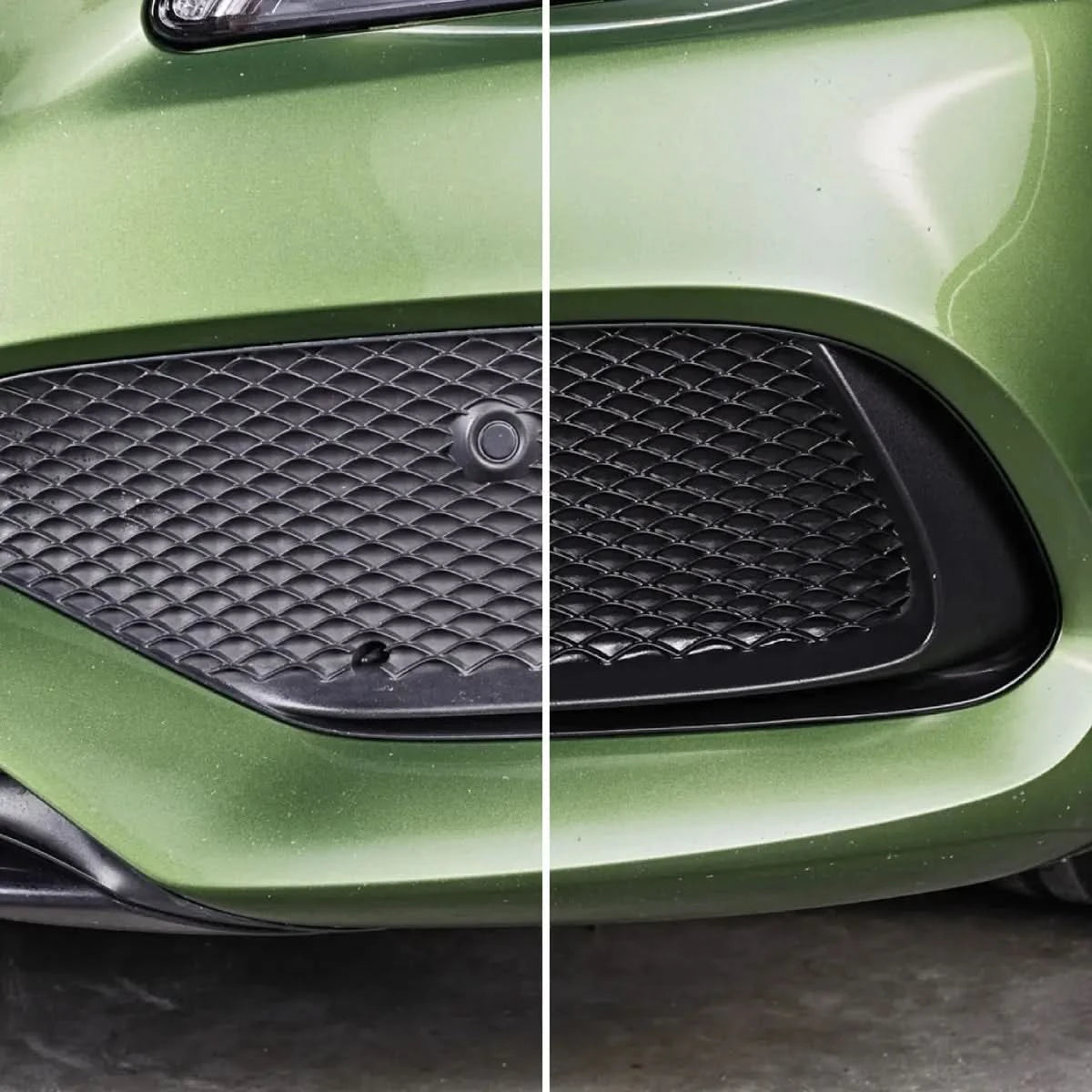 Schwarzes diamantmuster gitter mit zentraler kamera vor grünem auto für sonax xtreme kunststoffgel außen nanopro 250ml