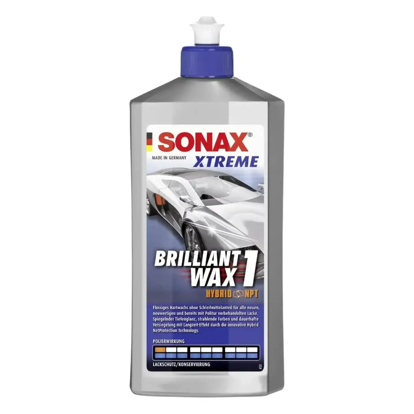 Silberne flasche sonax xtreme brilliant wax 1 hybrid npt autowachs 500ml mit blauem verschluss und sportwagenetikett