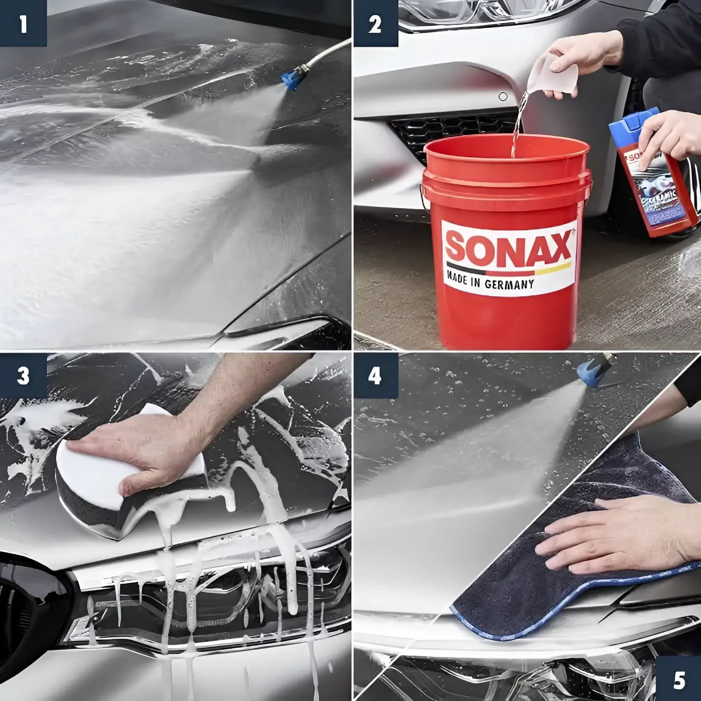 Roter sonax eimer mit made in germany label und sonax xtreme ceramic active shampoo 500ml flasche