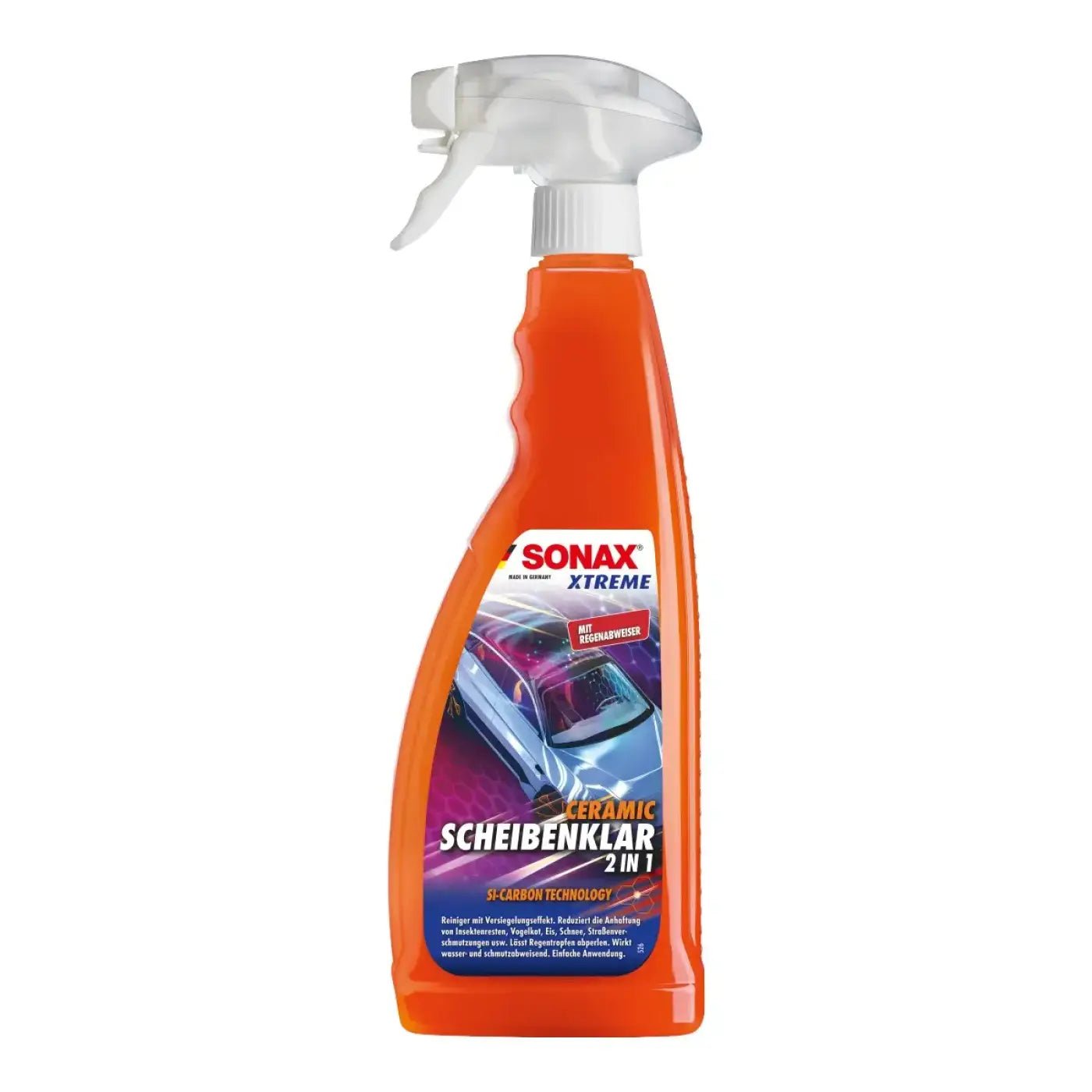 Orange plastiksprühflasche mit weißer pumpe und sonax xtreme ceramic glasreiniger etikett für den außenbereich