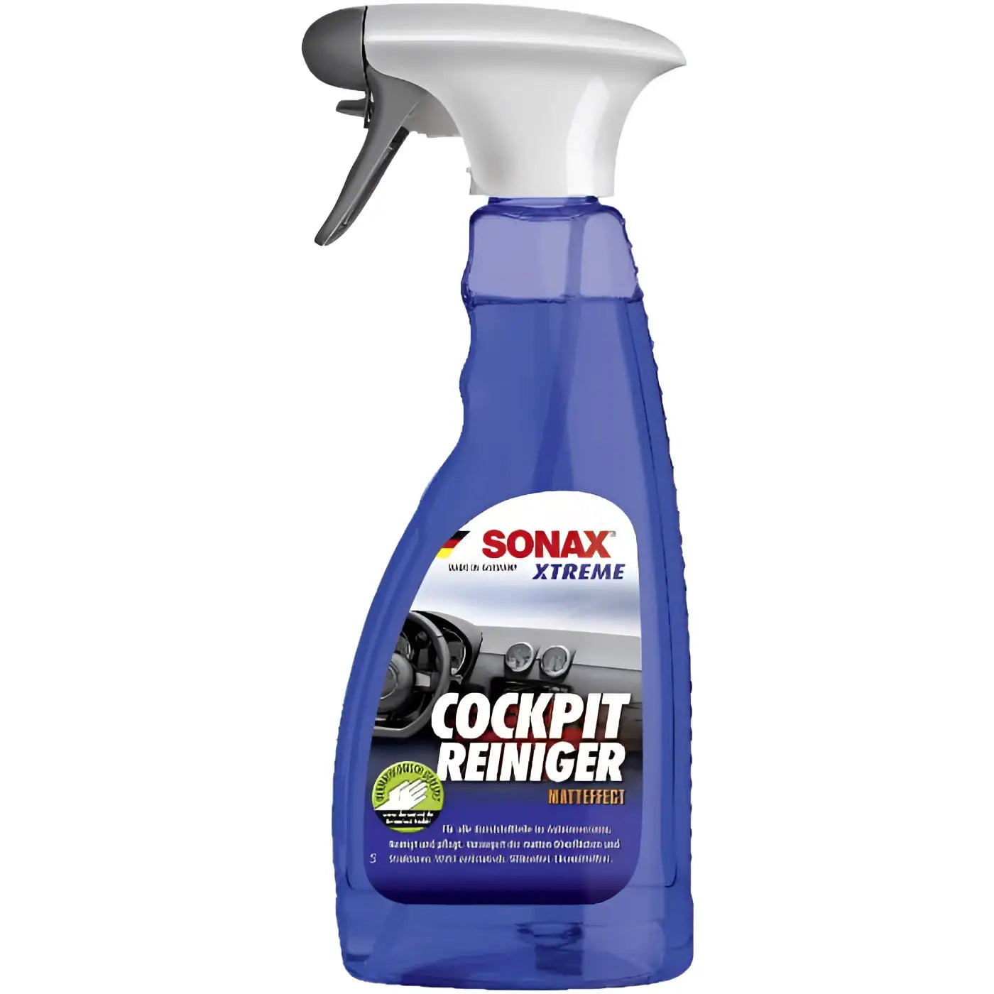 Blau halbtransparente Sprühflasche sonax xtreme cockpit reiniger matteffect mit weiß-grauem Abzugsspray