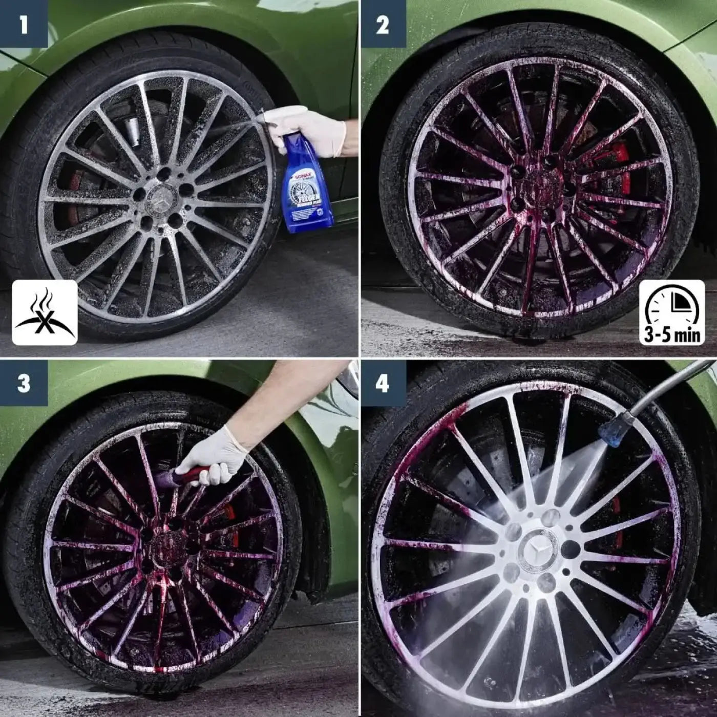 Blaue flasche sonax xtreme felgenreiniger plus 750ml mit weißem etiket und schwarzem text für radreinigung