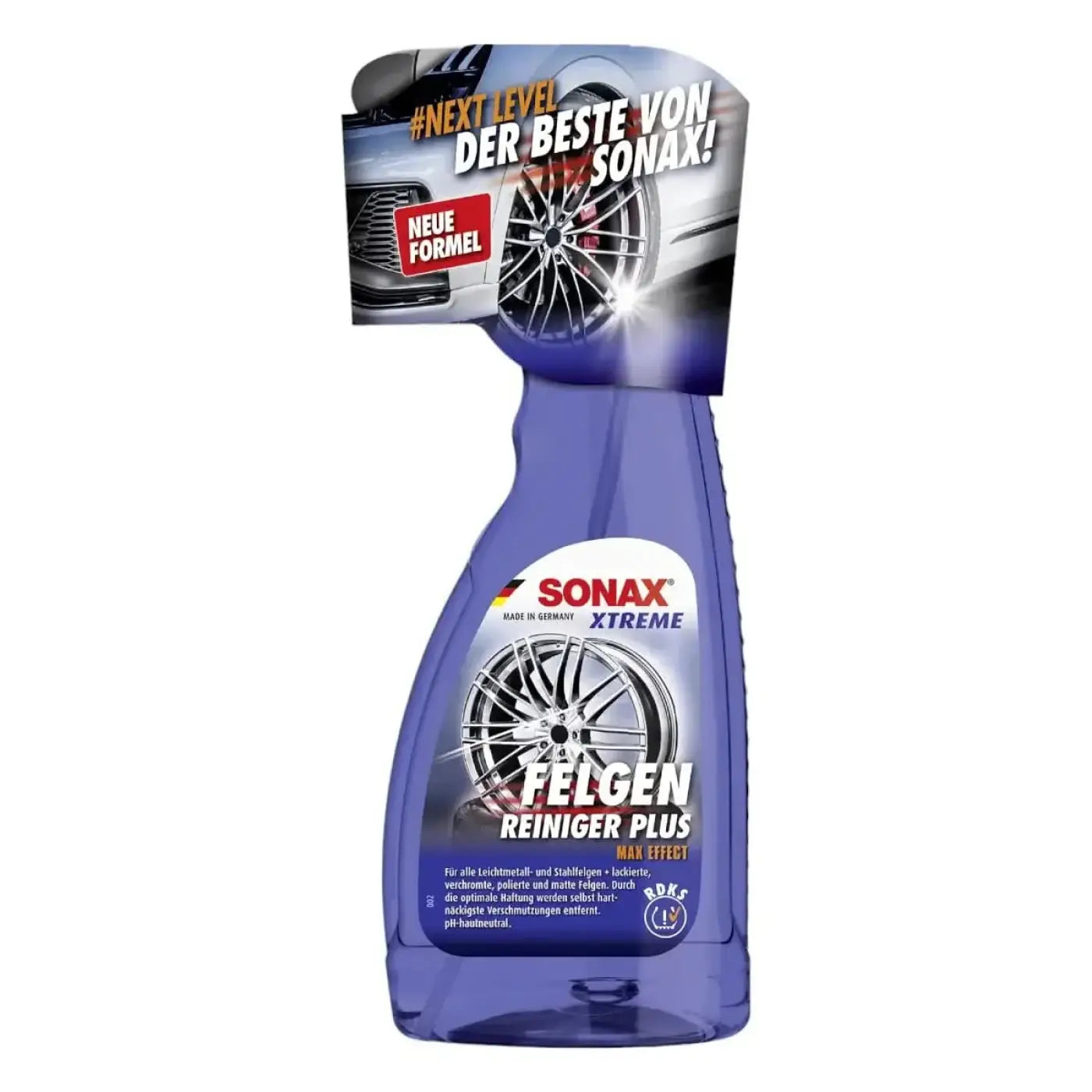 Sonax xtreme felgenreiniger plus 750ml blaue plastik-sprühflasche mit glänzendem finish und silbernem alu-radsymbol auf dem etikett