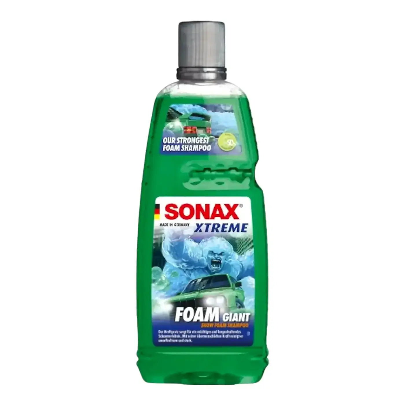 Grünes sonax xtreme foam giant autoshampoo in 1l transparenter flasche mit silberner kupplung