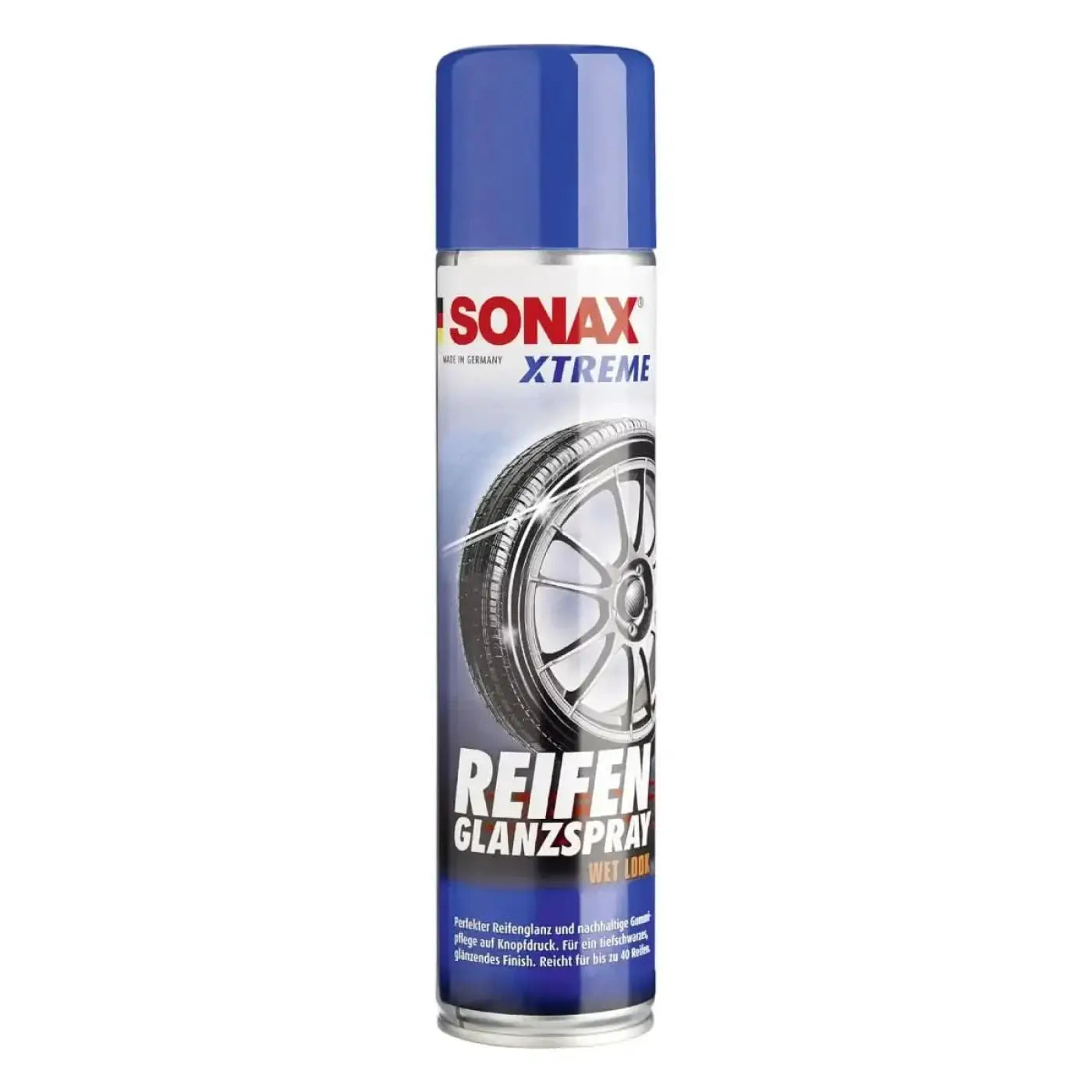 Blau gekappte sonax xtreme reifenglanzspray dose mit silber blauem etikett und glänzendem autorradbild 400ml
