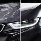 Schwarze glänzende motorhaube mit wassertropfen und led-scheinwerfer beim sonax xtreme shampoo 2 in 1 1l