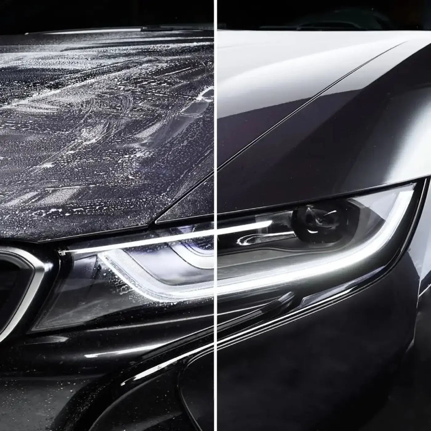 Schwarze glänzende motorhaube mit wassertropfen und led-scheinwerfer beim sonax xtreme shampoo 2 in 1 1l