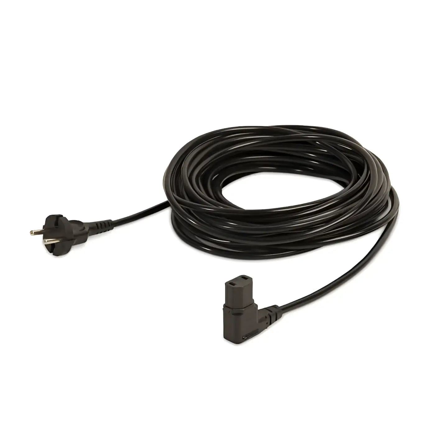 Schwarzes stromkabel mit abgewinkeltem kaltgerätestecker und europäischem zweipolstecker 15m lang