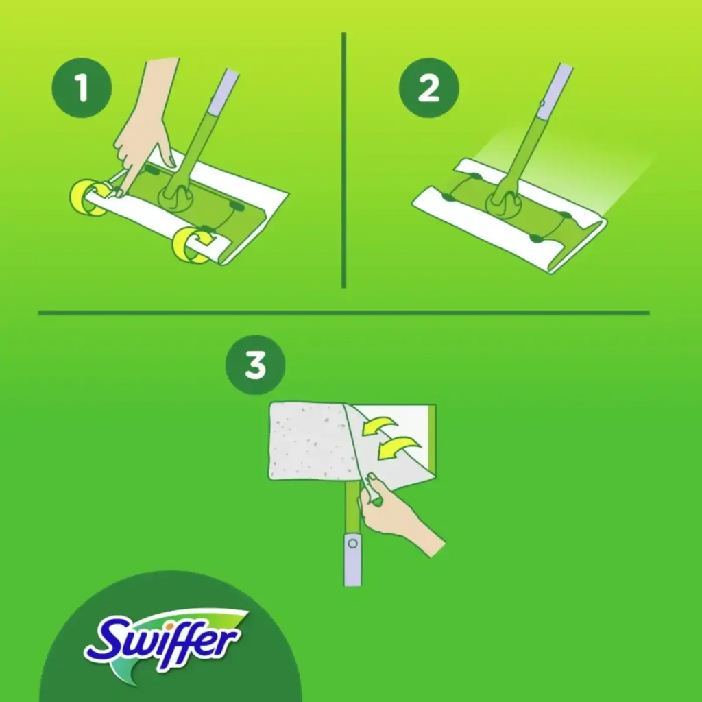 Swiffer anti-staub bodentuch mit grün weißem mopkopf und gelben rollen zur trockenen bodenreinigung