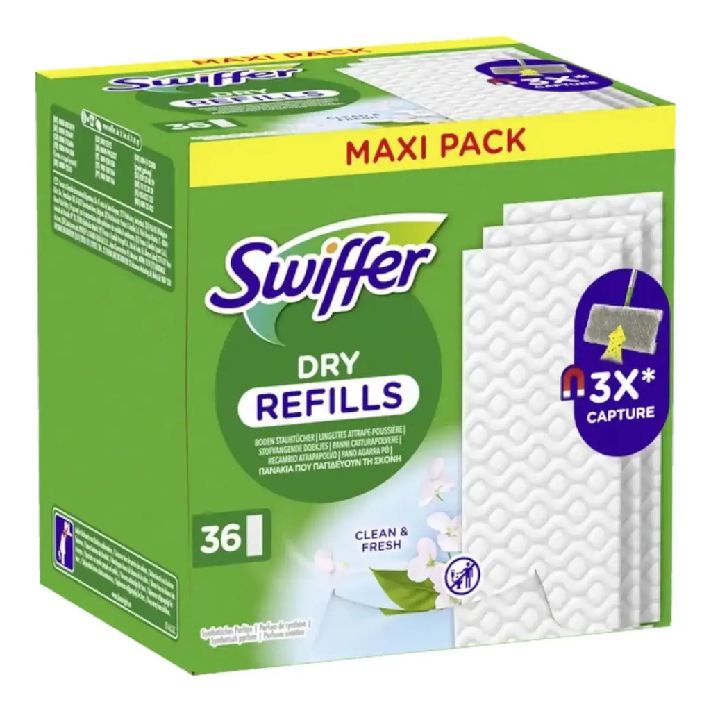 Swiffer anti-staub tücher boden trocken maxi pack mit 36 grünen und weißen trockenen reinigungspads