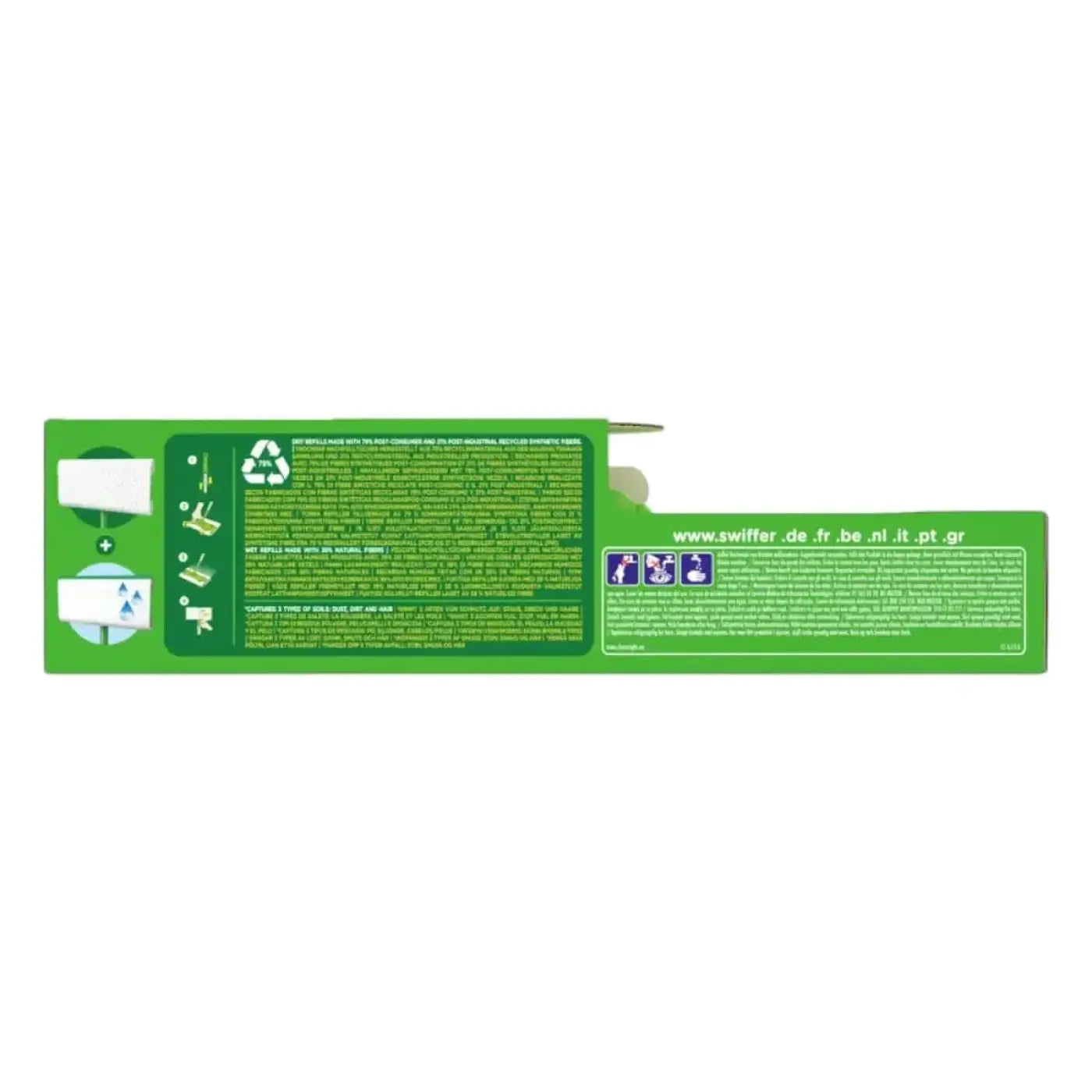 Grüne rechteckige kartonverpackung für swiffer dry & wet bodenwischer set mit halter und tüchern