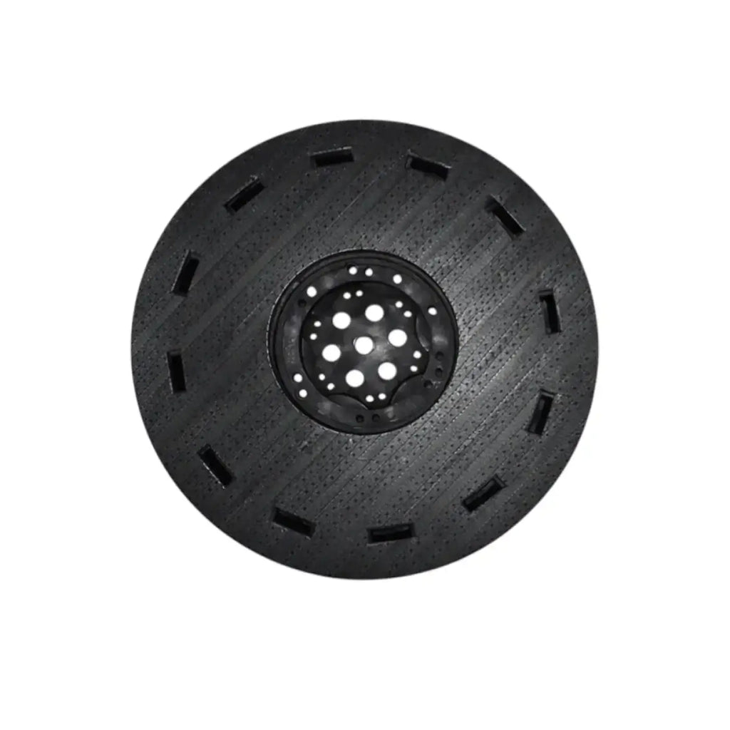Schwarzer treibteller aus metall mit zentralem perforiertem hub und rechteckigen öffnungen für pads bis 480 mm tennant