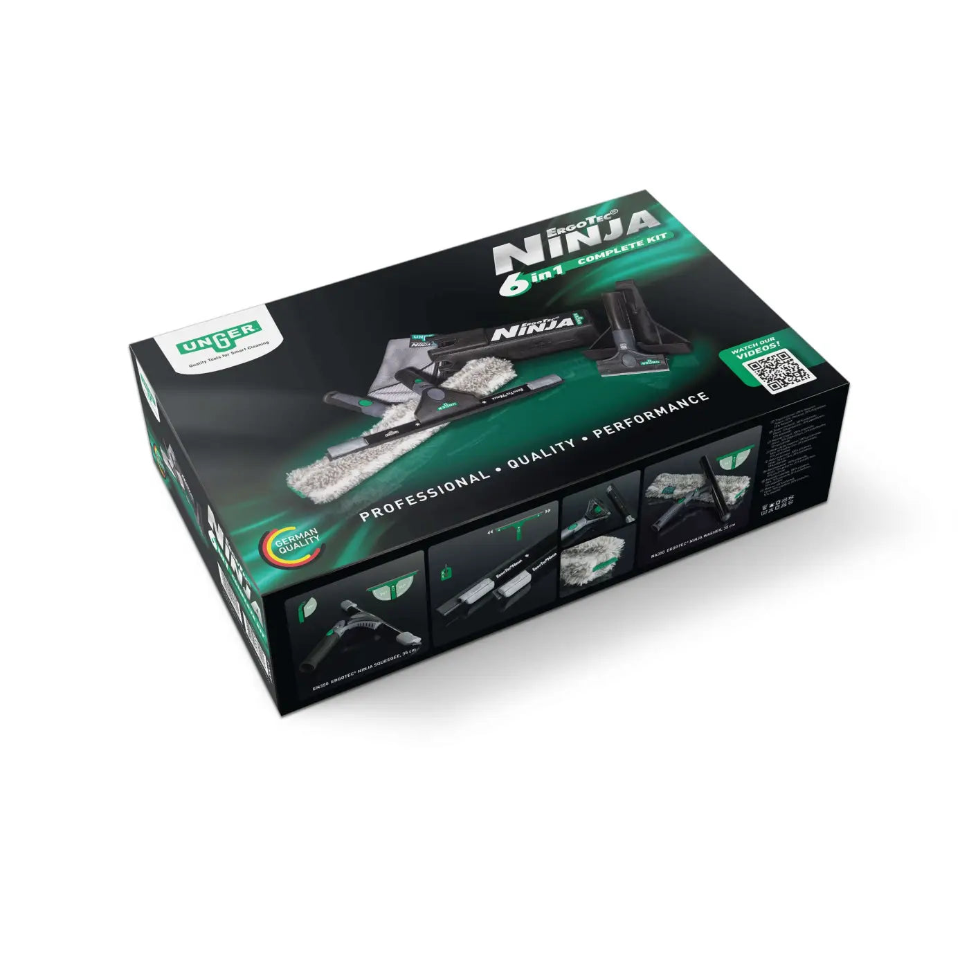 Schwarzes und grünes unger ergotec ninja 6in1 complete kit mit fensterreinigungsset im karton mit sichtfenster