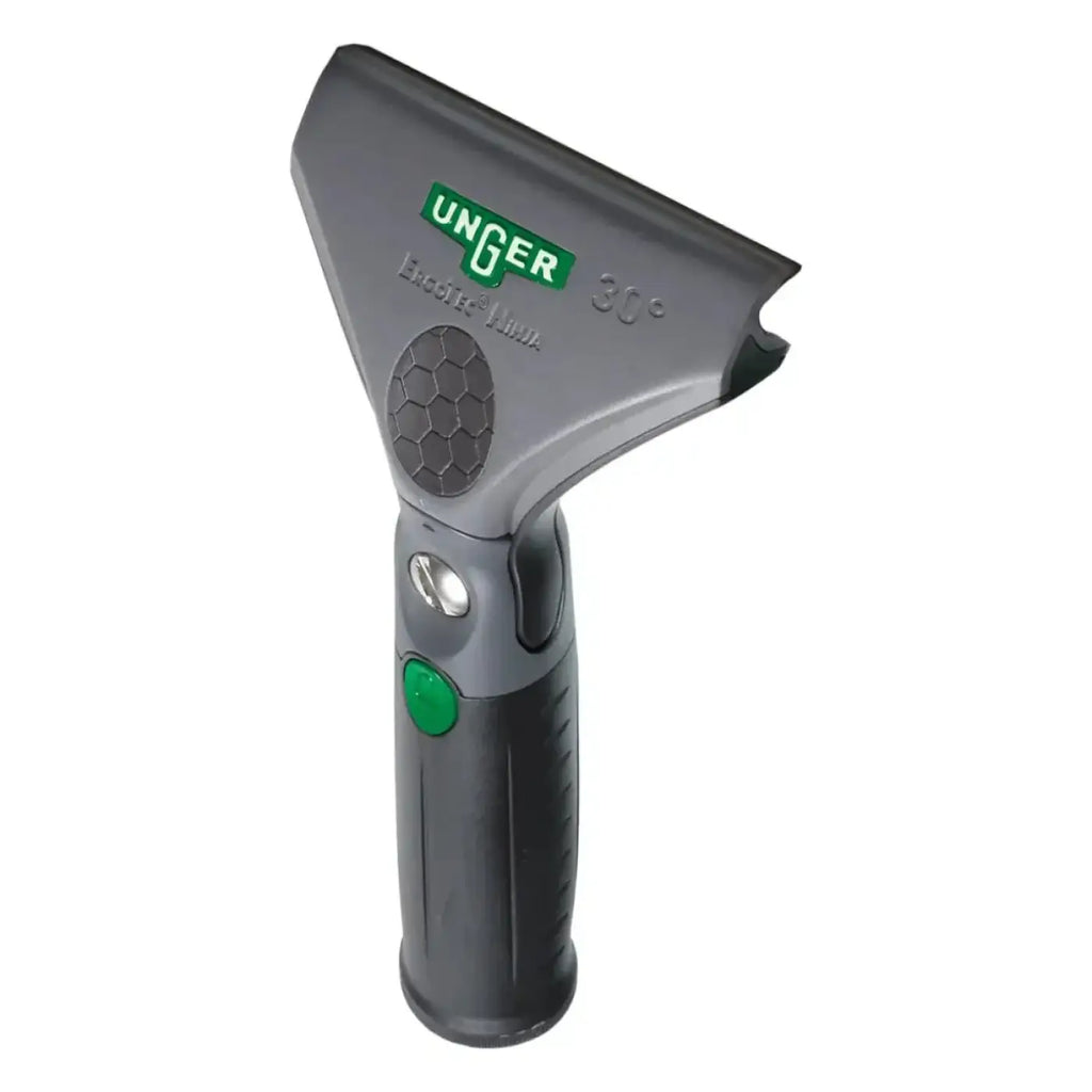 Grauer unger ergotec ninja griff 30 grad squeegee mit strukturierter griffoberfläche und grünem akzentknopf
