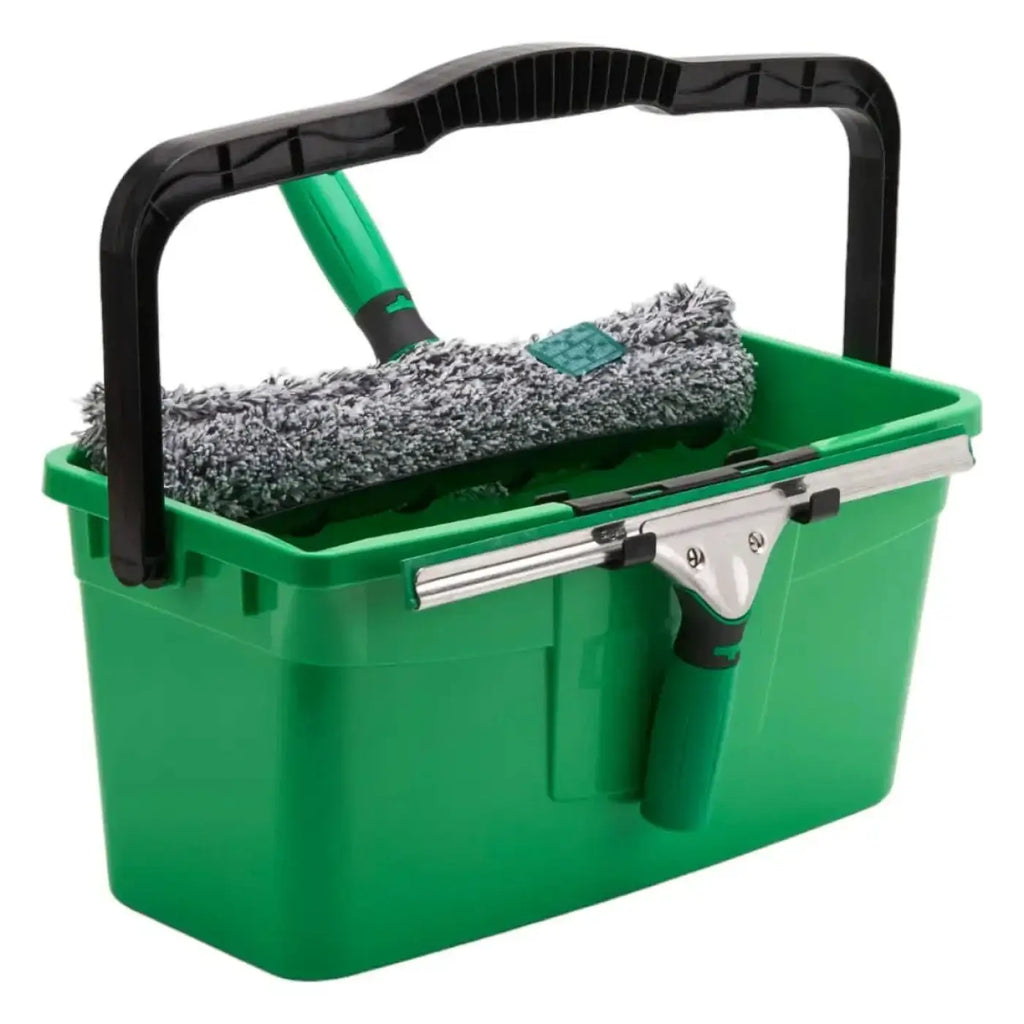 Unger ergotec profi glasreinigungsset ak013 mit grünem plastik eimer, grauem mikrofasermoppkopf und silbernem abzieher
