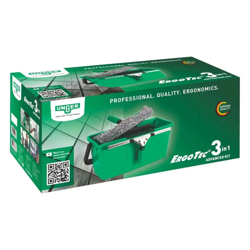Grünes unger ergotec 3-in-1 profi glasreinigungsset mit silber-schwarzem mopfkopf im werkzeugkoffer