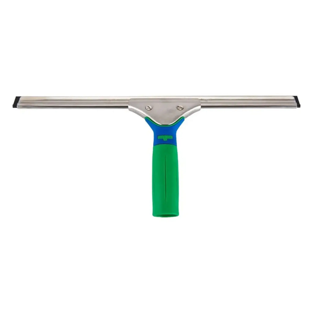 Unger green label fensterwischer mit grün-blauem ergonomischem griff und rostfreiem edelstahl-abzieherblatt
