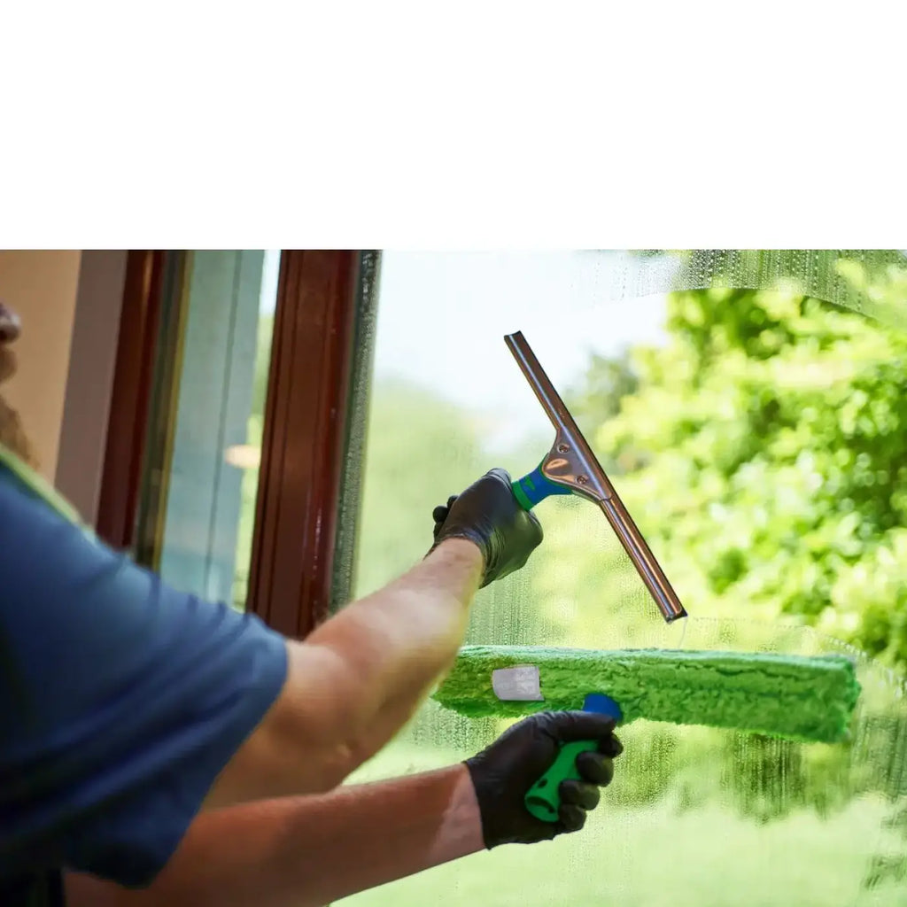 Unger greenlabel fensterreinigungs-set gtk35 mit grünem mikrofaserspachtel blauem griff und metallrahmen