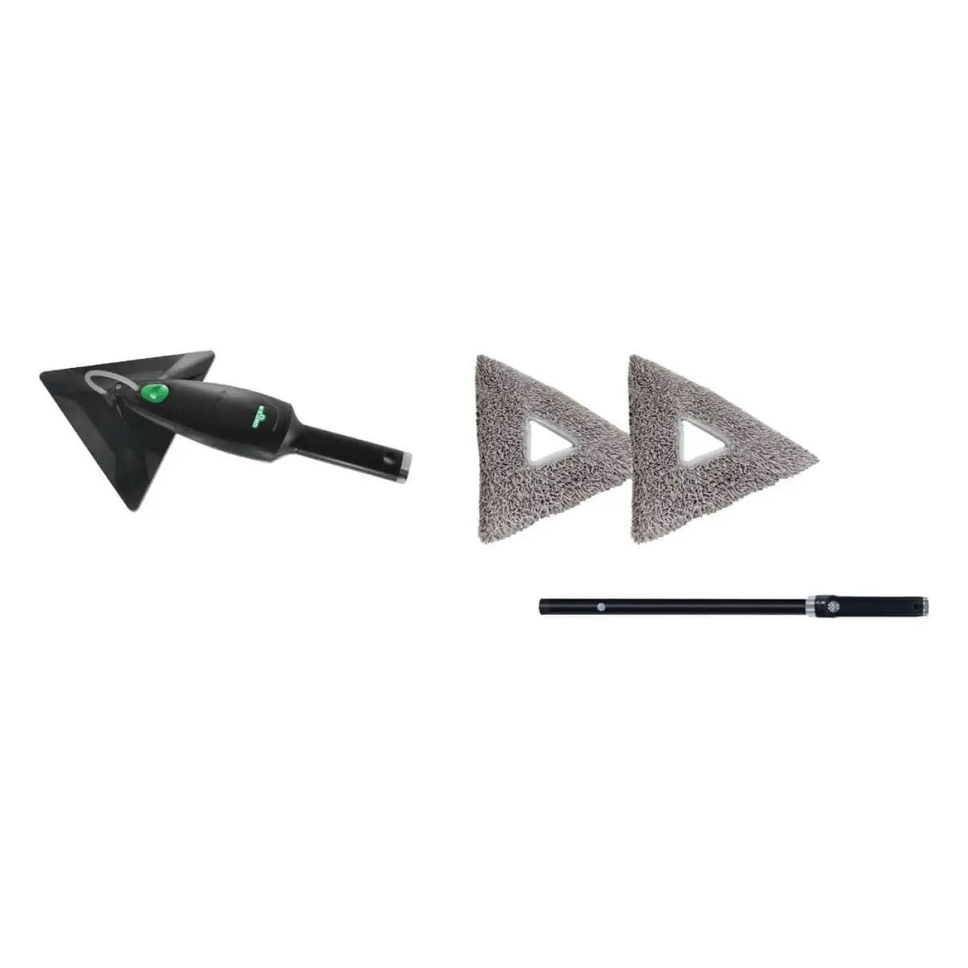 Schwarzer dreieckiger dampfmopfkopf mit grünem power-knopf und grauem mikrofaserpad am griff des unger stingray innenreinigungssets 100 os srko2