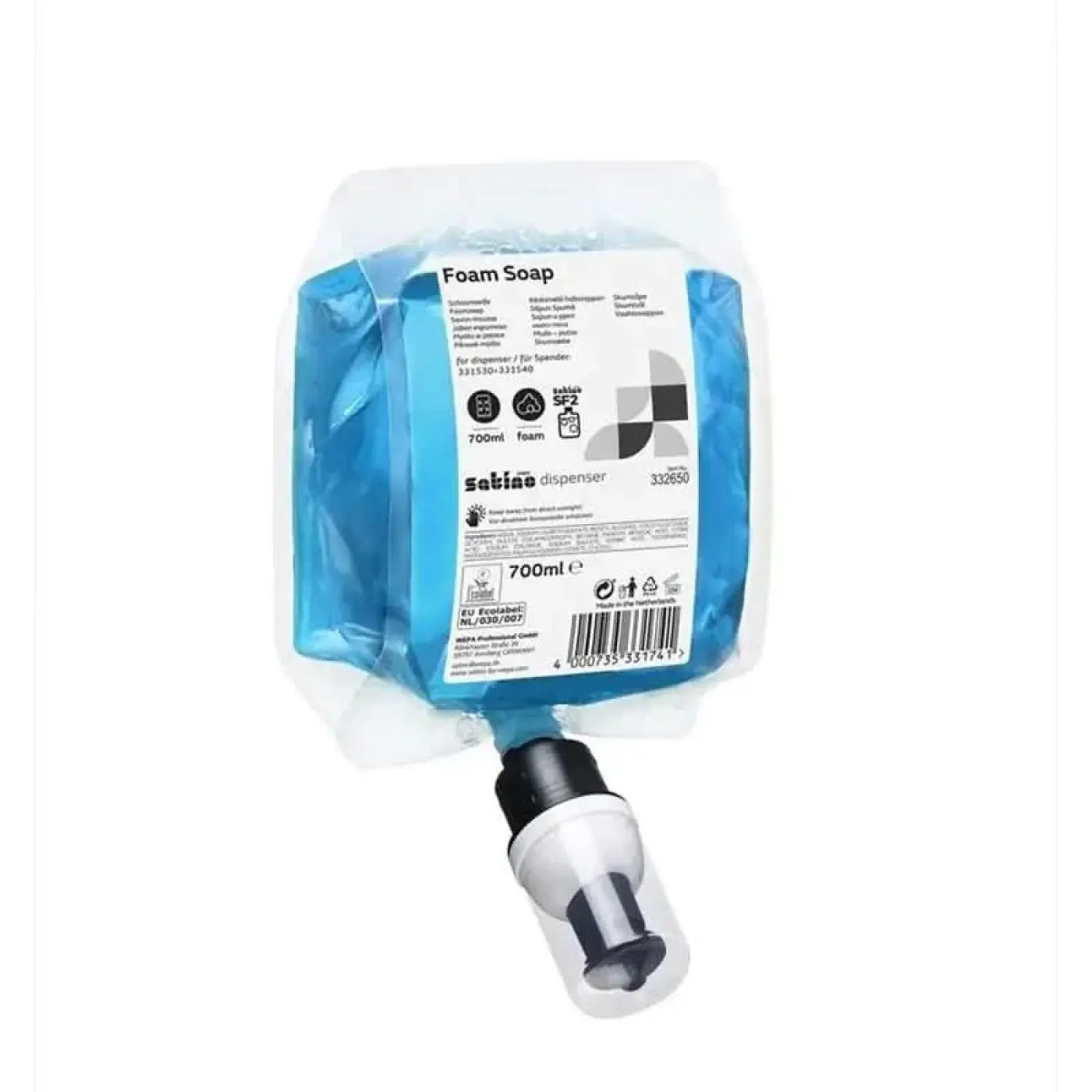 Wepa schaumseife 700ml blaue schaumseife nachfüllpackung im klaren plastikbeutel mit weißem dispenseraufsatz