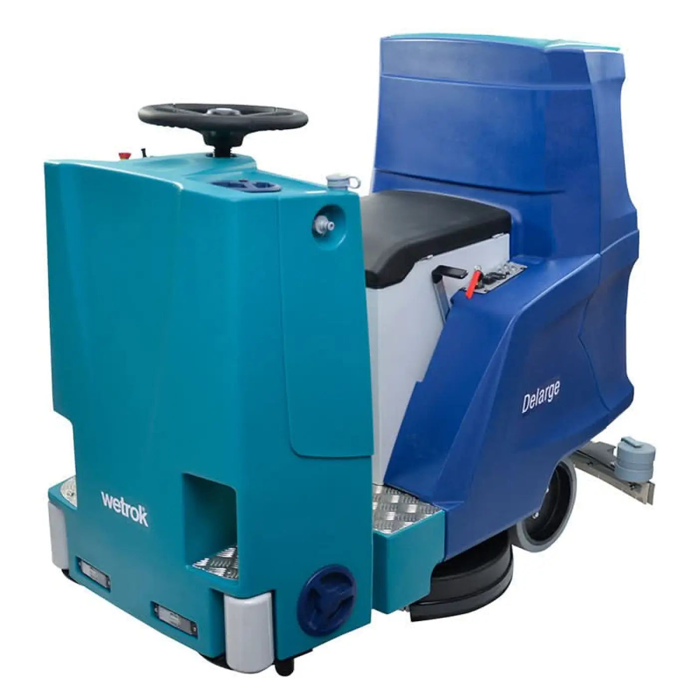 Teal und blaue wetrok drivematic delarge dosierungs scheuersaugmaschine mit schwarzem lenkrad und sitz von hinten