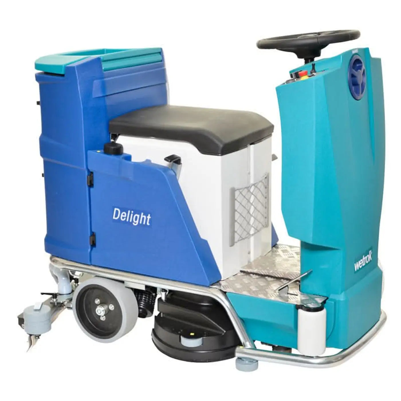 Blauer und türkisfarbener wetrok drivematic delight dosierscheuersaugmaschine mit schwarzem sitz und silbernem rahmen seen from the back