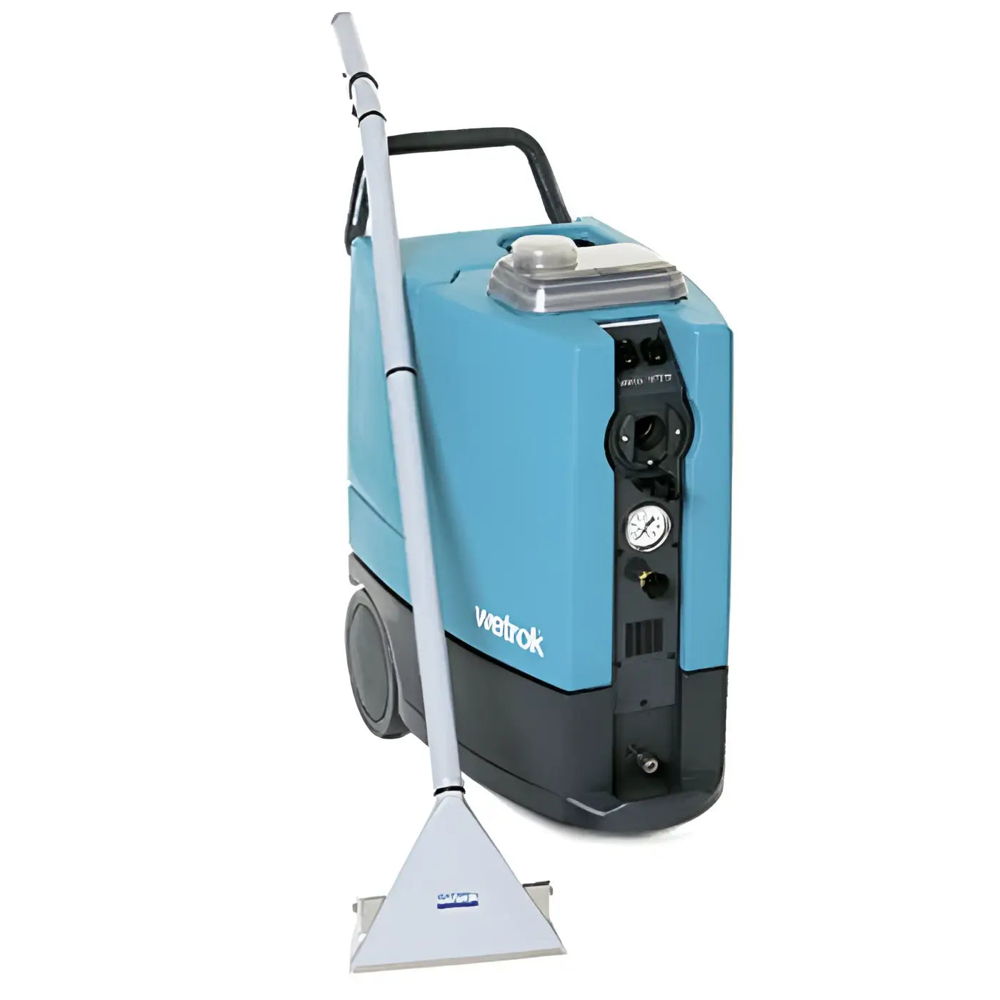 Wetrok extravac 400 sprühextraktionsmaschine blaue und schwarze kommerzielle bodenreinigungsmaschine mit weißem griff und dreieckigem scheueraufsatz