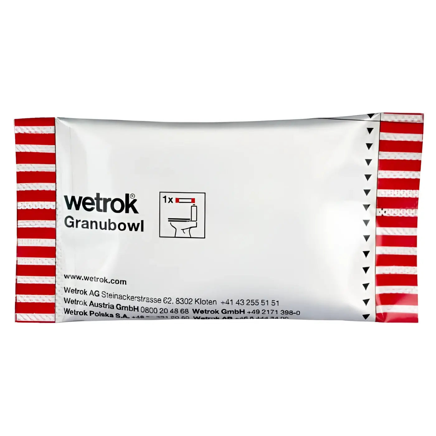 Wetrok granubowl wc-reiniger sticks weißer kunststoff toilettenreinigerbeutel mit rotweiß gestreiften rändern