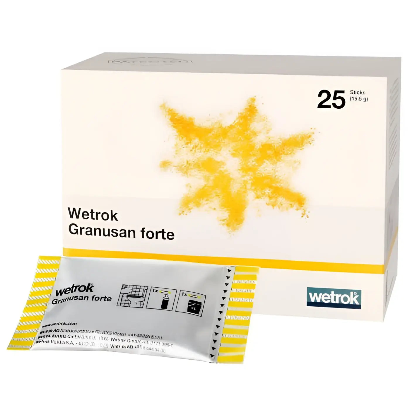 Weiße und gelbe box mit wetrok granusan forte dentalklebesticks für sanitärgrundreinigung