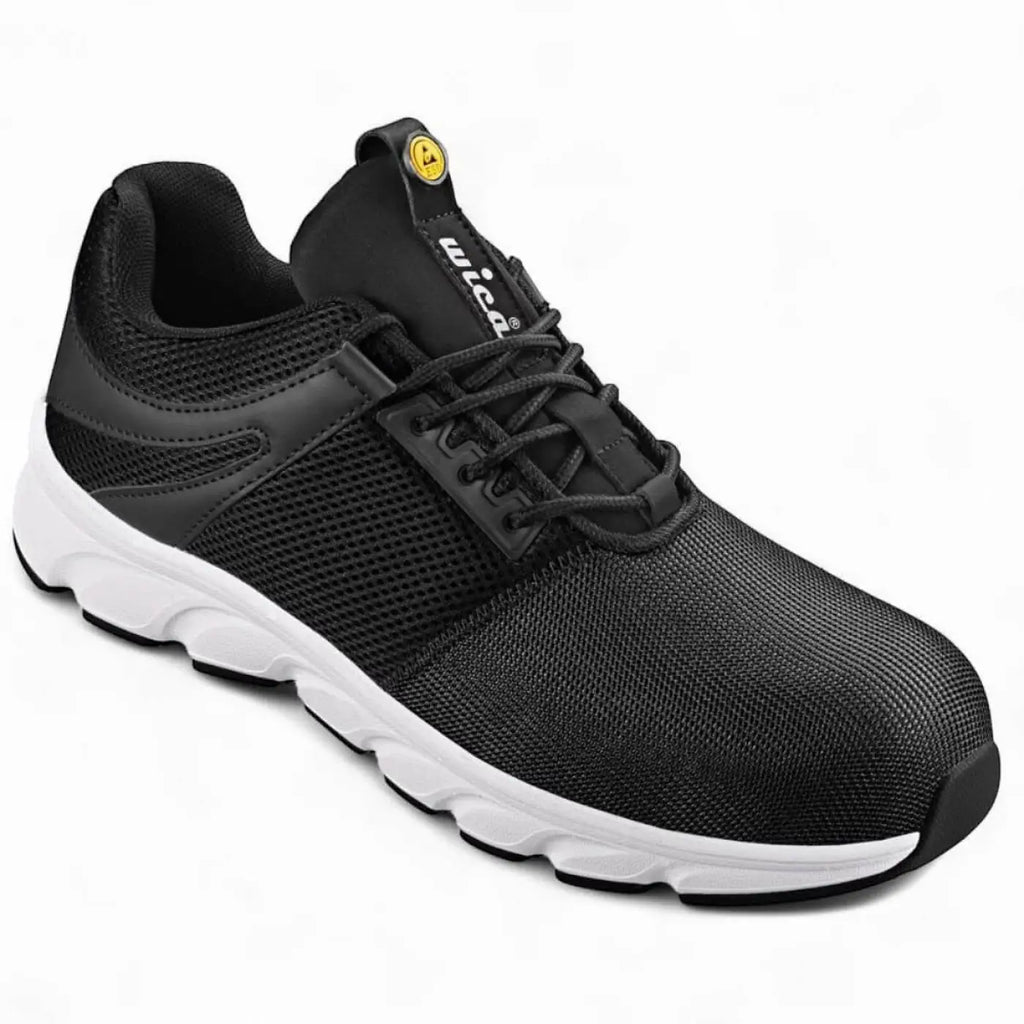 Schwarzer wica® lanzo 31540 halbschuh s1p esd sra mit mesh-material, weißer gummisohle und gelbem logo auf der zunge